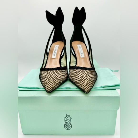 NWT Aquazzura Bow Tie Mesh Pump Heels 85 Mesh/Suede Black 37 W Box & Dust Bag - Picture 2 of 16